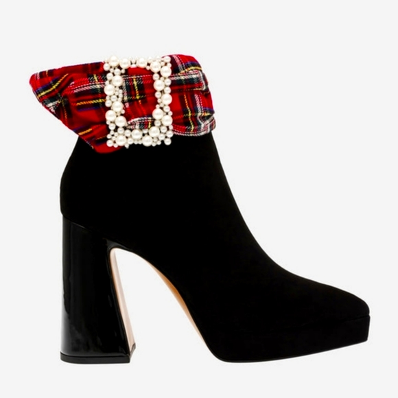 Brand New Betsey Johnson Black & Red Stewart Plaid Ankle Boots - Picture 3 of 4